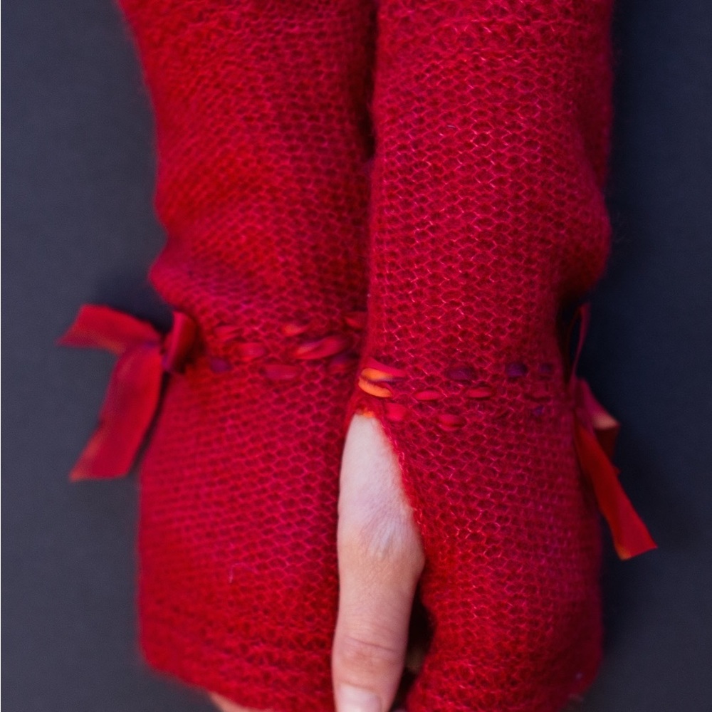 Chic Red Knit Fingerless Gloves. Mohair and silk w/silk ribbon hand wash